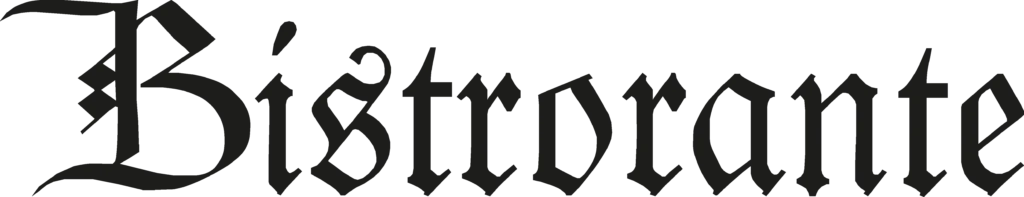Das Bild zeigt das Wort "Bistrorante" in einer eleganten, künstlerischen Schriftart, die eine gemütliche und einladende Atmosphäre vermittelt. Die Buchstaben sind in Schwarz gehalten und erzeugen einen starken Kontrast zu einem hellen Hintergrund.