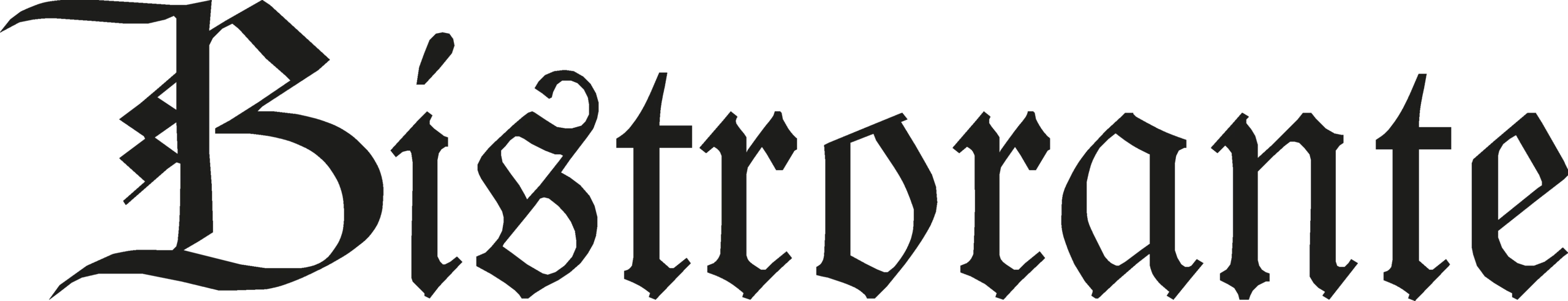 Das Bild zeigt das Wort "Bistrorante" in einer eleganten, künstlerischen Schriftart, die eine gemütliche und einladende Atmosphäre vermittelt. Die Buchstaben sind in Schwarz gehalten und erzeugen einen starken Kontrast zu einem hellen Hintergrund.